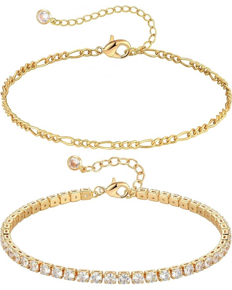 Bracelet for Women Gold Layered Set 2 Layer 14K Gold Plated Simple Dainty Chain Everyday Jewelry Tennis & Figaro $11.15 Brace...