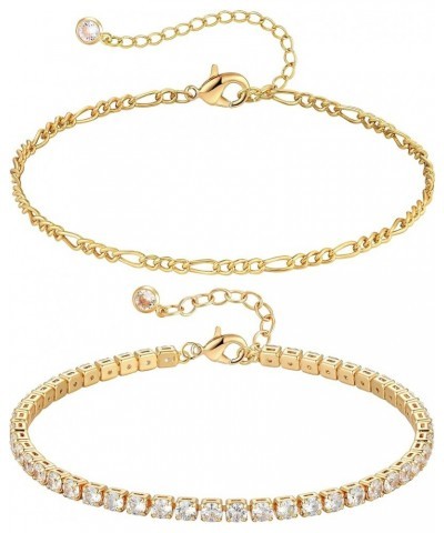 Bracelet for Women Gold Layered Set 2 Layer 14K Gold Plated Simple Dainty Chain Everyday Jewelry Tennis & Figaro $11.15 Brace...