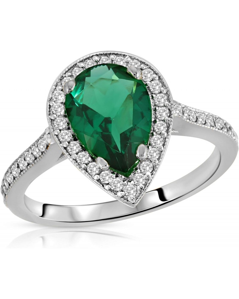 Stunning 1.69 Carat Total Weight 14K Solid White Gold Emerald and Natural Diamond Halo Ring Brilliant Pear Cut Tear Drop Shap...