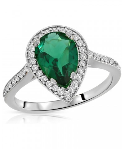 Stunning 1.69 Carat Total Weight 14K Solid White Gold Emerald and Natural Diamond Halo Ring Brilliant Pear Cut Tear Drop Shap...