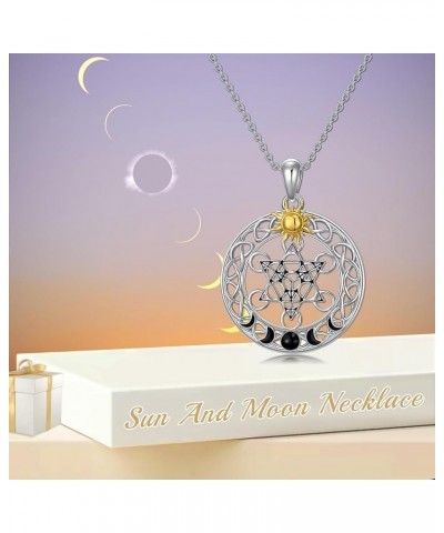 Sun and Moon Necklace Sterling Silver Metatron Cube/Moonstone/Crescent Moon Pendant Planet Jewelry for Women Girls Couples Fr...