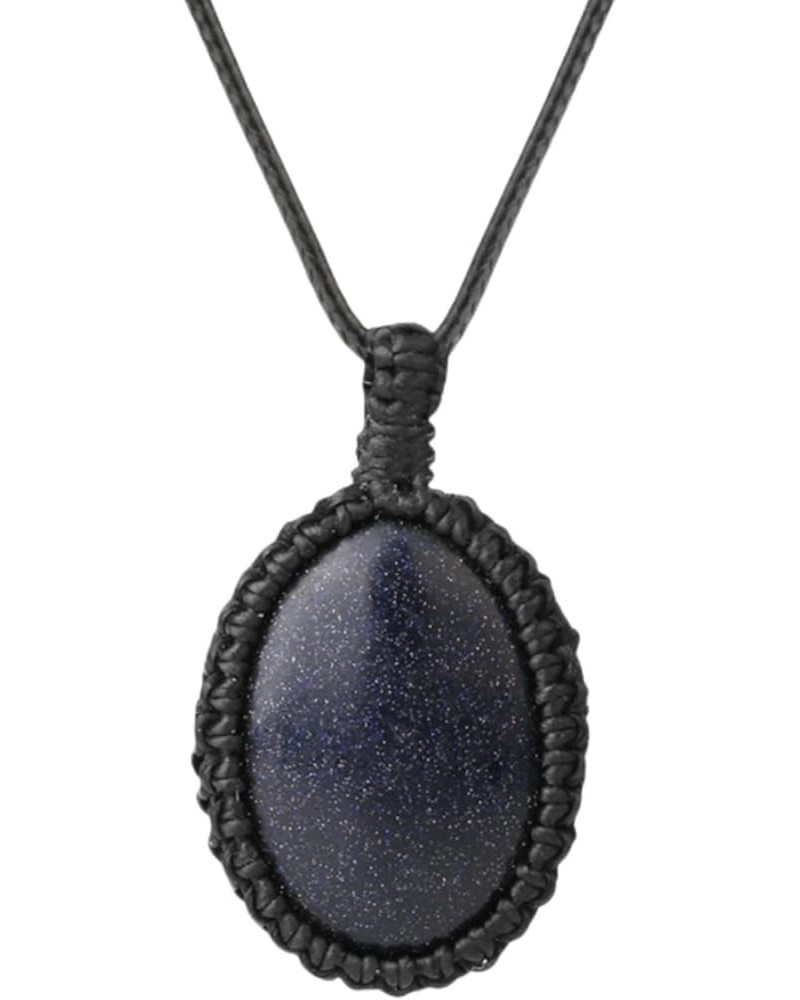 Healing Oval Crystal Pendant Necklace for Men Women Cord Wrap Reiki Stone Pendant with Adjustable Rope Dark Blue $10.08 Neckl...