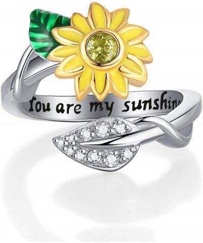 You are My Sunshine Sunflower Enameled CZ Heart Stainless Steel Ring Promise Eternity Band Cocktail Party Rings Adjustable Si...