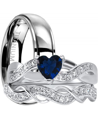 His and Hers 3 Piece Trio Sterling Silver Titanium Blue Wedding Band Engagement Ring Set Her 10 - His 13 $39.90 Sets