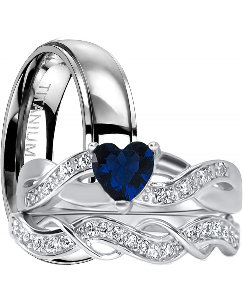 His and Hers 3 Piece Trio Sterling Silver Titanium Blue Wedding Band Engagement Ring Set Her 10 - His 13 $39.90 Sets