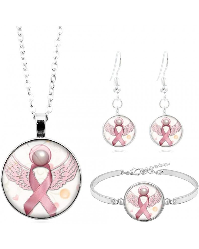 Pink Rose Flower Angel Wing Puzzle Ribbon Necklace Bracelet Earrings Set for Women Breast Cancer Awareness Jewelry Pink $8.80...