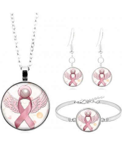 Pink Rose Flower Angel Wing Puzzle Ribbon Necklace Bracelet Earrings Set for Women Breast Cancer Awareness Jewelry Pink $8.80...