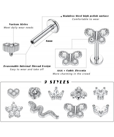 Cartilage Earring Stud 16G Stainless Steel Internally Threaded CZ Flower Heart Bee Butterfly Snake Helix Tragus Conch Labret ...