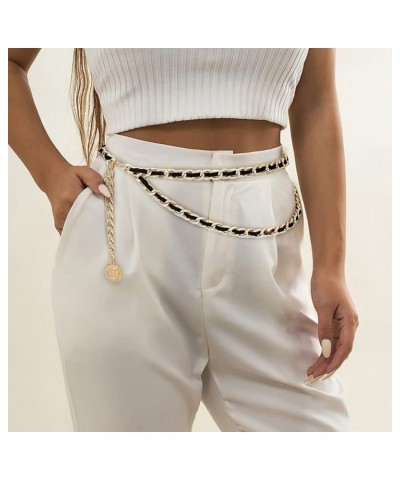 Leather Chain Belts for Women Girls, Layered Body Chain Belts Metal Waist Chain for Dress Vest Jeans Gold Black 2 L: (Fit Wai...