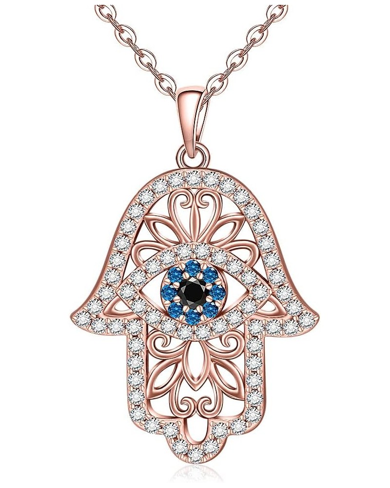 Hamsa Hand Necklace Evil Eye Necklace for Women Sterling Silver Rose Gold Plated Blue Third Eye Vintage Fatima Hand Mal De Oj...