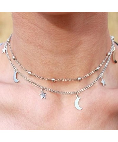 Boho Star Necklace Dainty Moon Choker Necklace Star Pendant Satellite Silver Chain Choker Trendy Layered Necklace Fashion Jew...