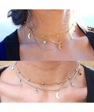 Boho Star Necklace Dainty Moon Choker Necklace Star Pendant Satellite Silver Chain Choker Trendy Layered Necklace Fashion Jew...