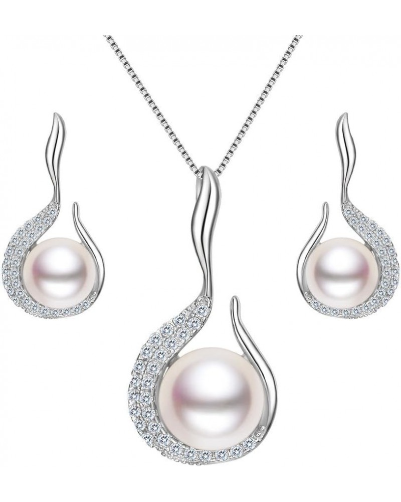 925 Sterling Silver CZ AAA Freshwater Cultured Pearl Flower Bud Necklace Earrings Set $17.76 Jewelry Sets