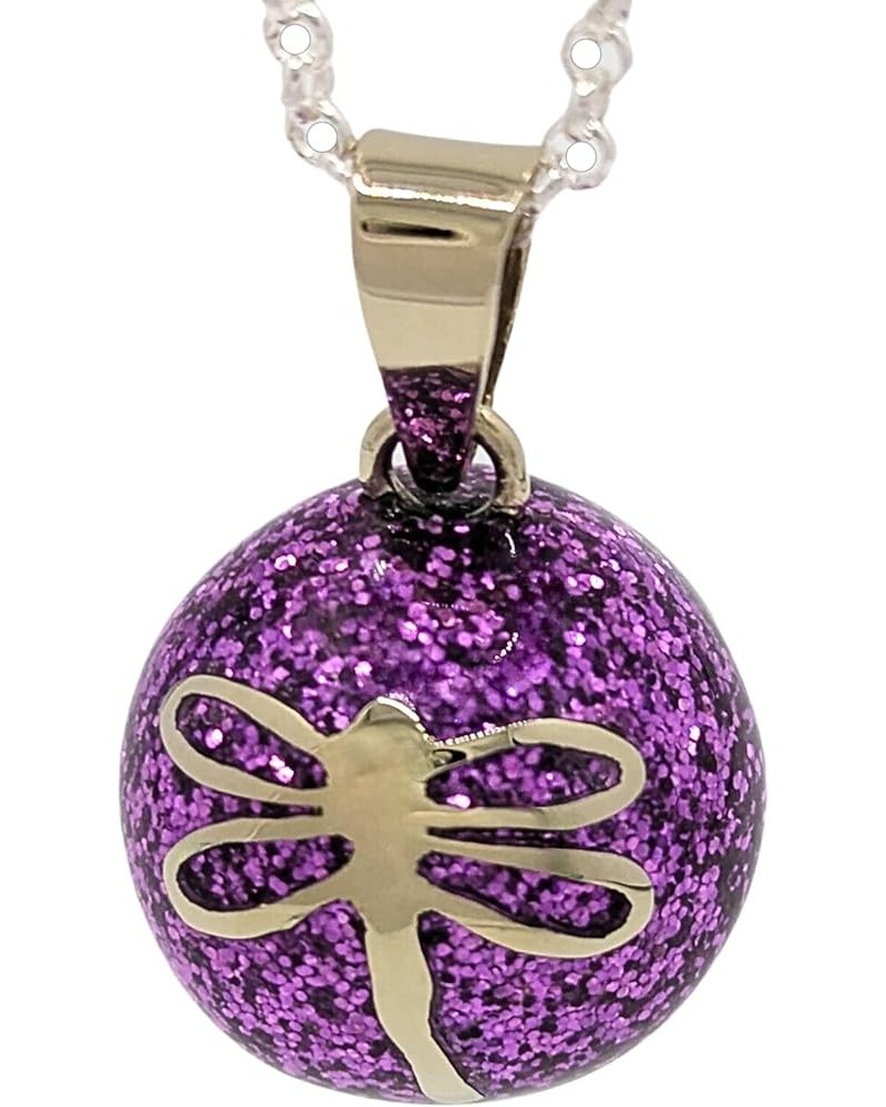 Dragonfly Angel Caller Harmony Ball Chime Necklace with Fuschia Purple Glitter Enamel and Alpaca Silver 28" Silver Rolo Chain...