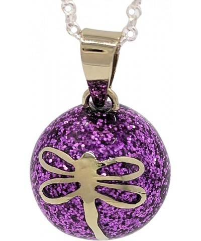 Dragonfly Angel Caller Harmony Ball Chime Necklace with Fuschia Purple Glitter Enamel and Alpaca Silver 28" Silver Rolo Chain...