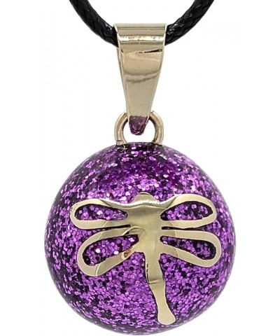 Dragonfly Angel Caller Harmony Ball Chime Necklace with Fuschia Purple Glitter Enamel and Alpaca Silver 28" Silver Rolo Chain...