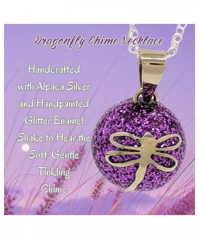 Dragonfly Angel Caller Harmony Ball Chime Necklace with Fuschia Purple Glitter Enamel and Alpaca Silver 28" Silver Rolo Chain...