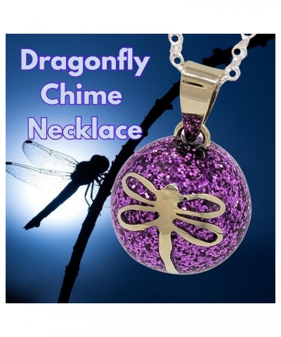 Dragonfly Angel Caller Harmony Ball Chime Necklace with Fuschia Purple Glitter Enamel and Alpaca Silver 28" Silver Rolo Chain...