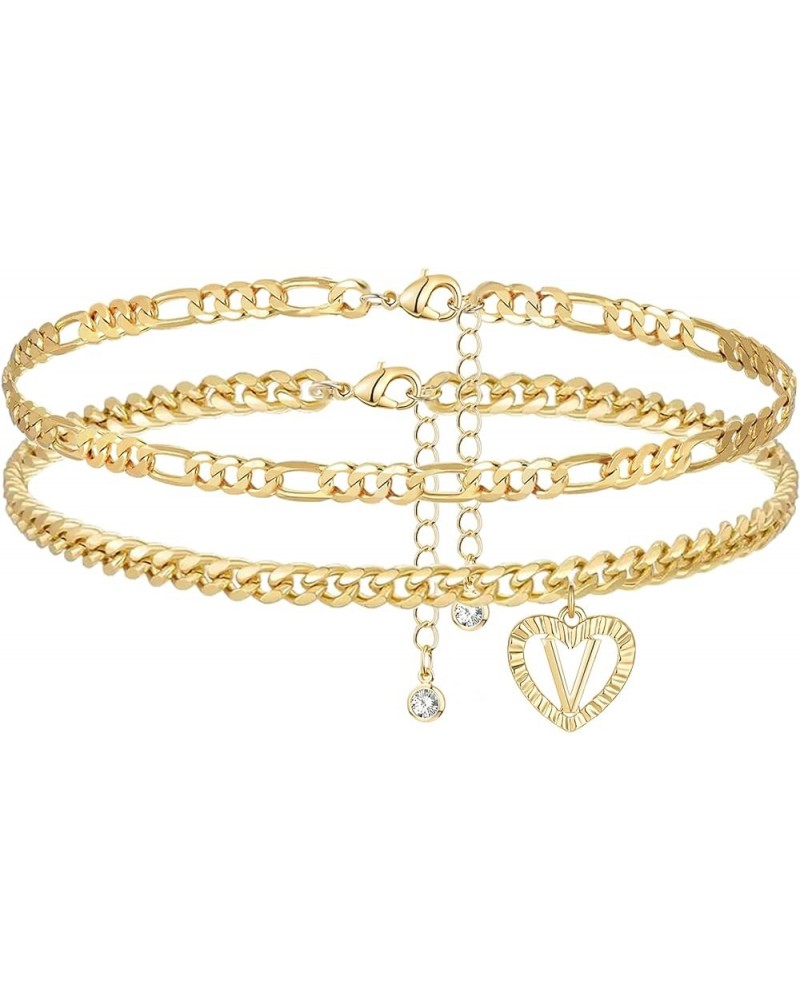 Initial Ankle Bracelets for Women 14K Gold Plated Layered Figaro Cuban Chain Letter Initial Anklets Handmade Letter A-Z Gold ...