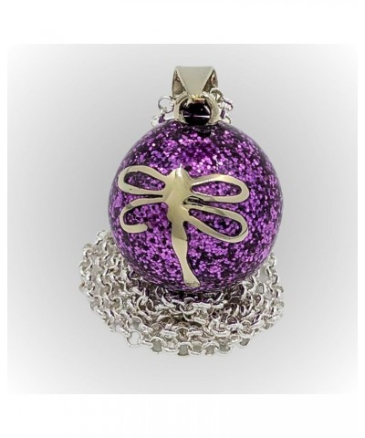 Dragonfly Angel Caller Harmony Ball Chime Necklace with Fuschia Purple Glitter Enamel and Alpaca Silver 28" Silver Rolo Chain...