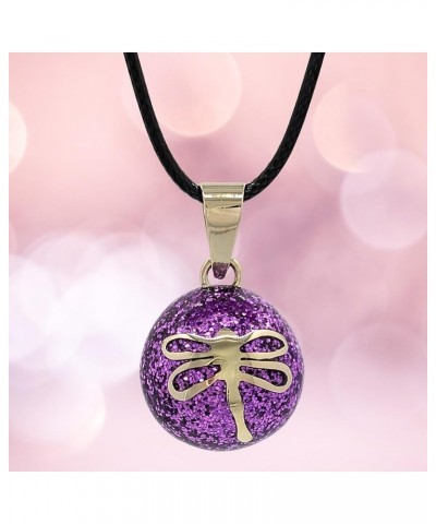 Dragonfly Angel Caller Harmony Ball Chime Necklace with Fuschia Purple Glitter Enamel and Alpaca Silver 28" Silver Rolo Chain...