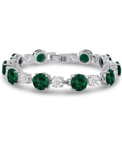 CZ Tennis Bracelet - Rd 8mm CZ & Rd 5mm White CZ - Silver Over Brass - 7 Inch Simulated- Emerald $10.59 Bracelets