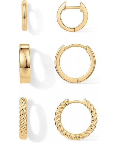 18K Gold Plated Sterling Silver Posts 3 Pairs Small Hoop Earrings Set | Plain Rope Wide Huggie Hoop Pack Earscape for Women 1...