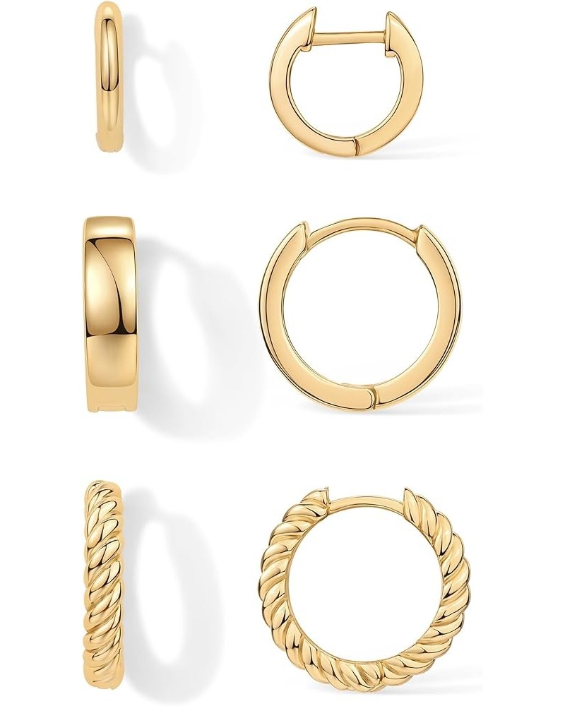 18K Gold Plated Sterling Silver Posts 3 Pairs Small Hoop Earrings Set | Plain Rope Wide Huggie Hoop Pack Earscape for Women 1...