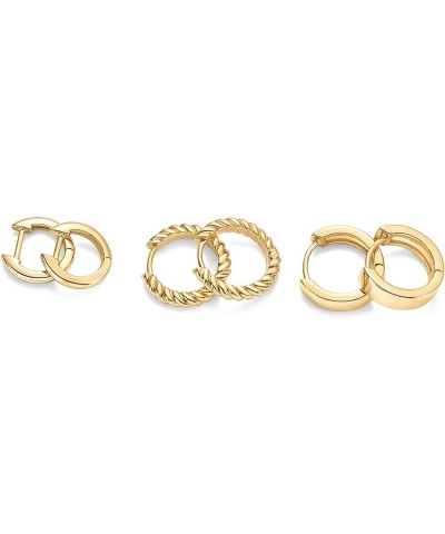 18K Gold Plated Sterling Silver Posts 3 Pairs Small Hoop Earrings Set | Plain Rope Wide Huggie Hoop Pack Earscape for Women 1...