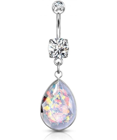 Surgical Steel CZ Dangle Belly Button Ring with Teardrop Rainbow Glitter Opalite Silver Tone $9.50 Body Jewelry