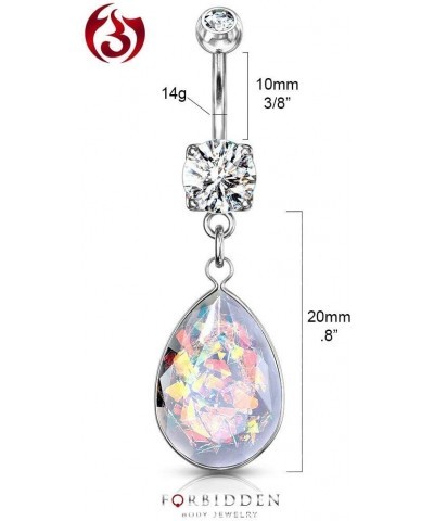 Surgical Steel CZ Dangle Belly Button Ring with Teardrop Rainbow Glitter Opalite Silver Tone $9.50 Body Jewelry