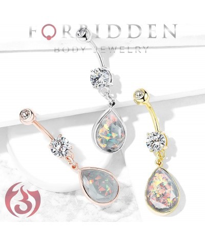 Surgical Steel CZ Dangle Belly Button Ring with Teardrop Rainbow Glitter Opalite Silver Tone $9.50 Body Jewelry