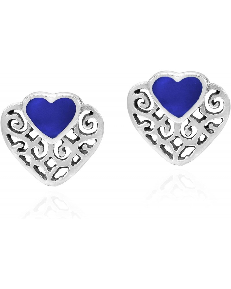 Romantic Filigree Heart with Simulated Blue Lapis-Lazuli Inlay Stud Earrings $11.03 Earrings