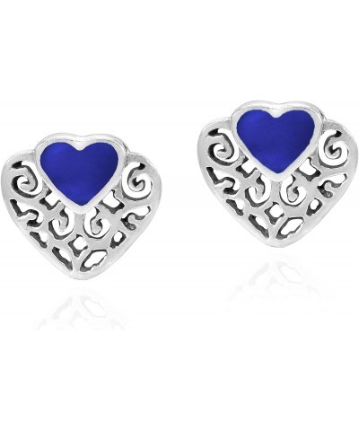 Romantic Filigree Heart with Simulated Blue Lapis-Lazuli Inlay Stud Earrings $11.03 Earrings