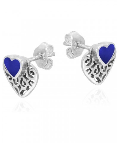 Romantic Filigree Heart with Simulated Blue Lapis-Lazuli Inlay Stud Earrings $11.03 Earrings