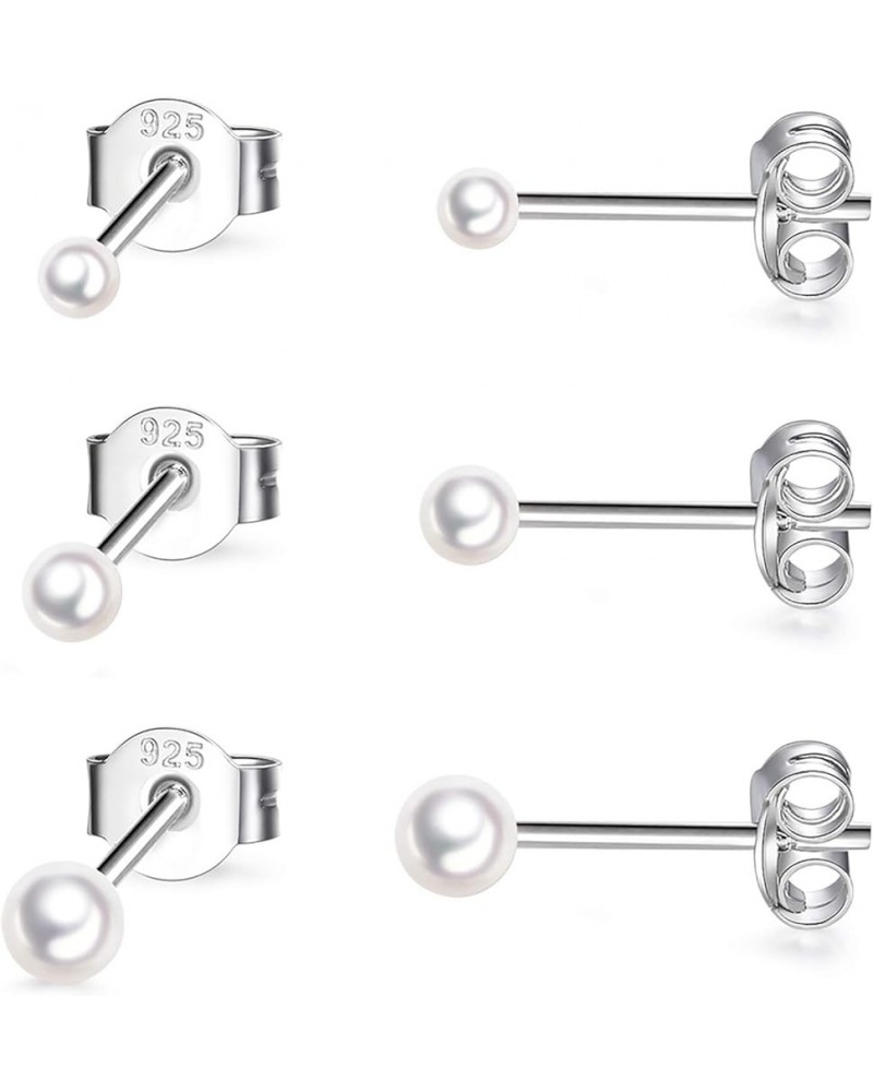 Sterling Silver Stud Earrings for Women Girls- 3 Pairs Tiny Ball Stud Earrings Round CZ Cubic Zirconia Earrings Pearl Earring...