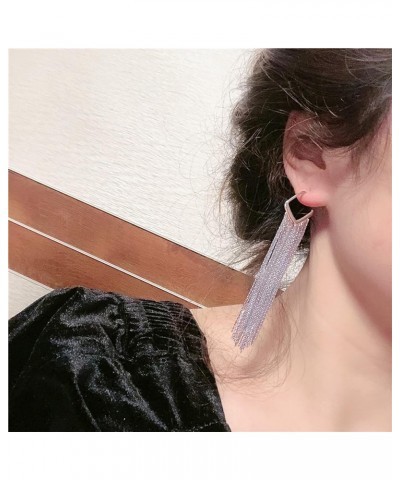 S925 Silver/Alloy Hook Sleek Chain Tassel Drop Earrings Long Leather Fringe Dangle Simple Dainty Earrings Hook Square silver ...