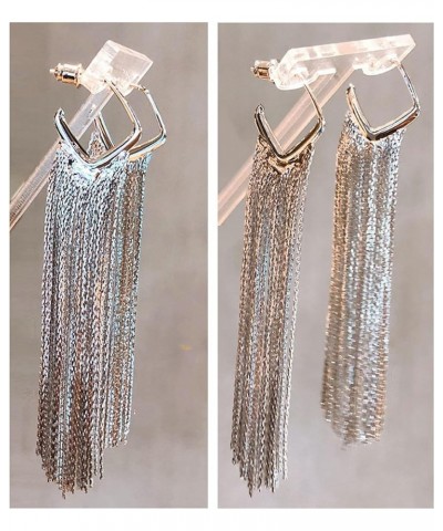 S925 Silver/Alloy Hook Sleek Chain Tassel Drop Earrings Long Leather Fringe Dangle Simple Dainty Earrings Hook Square silver ...