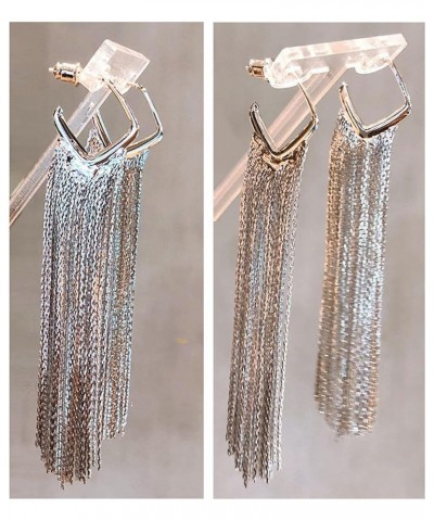 S925 Silver/Alloy Hook Sleek Chain Tassel Drop Earrings Long Leather Fringe Dangle Simple Dainty Earrings Hook Square silver ...