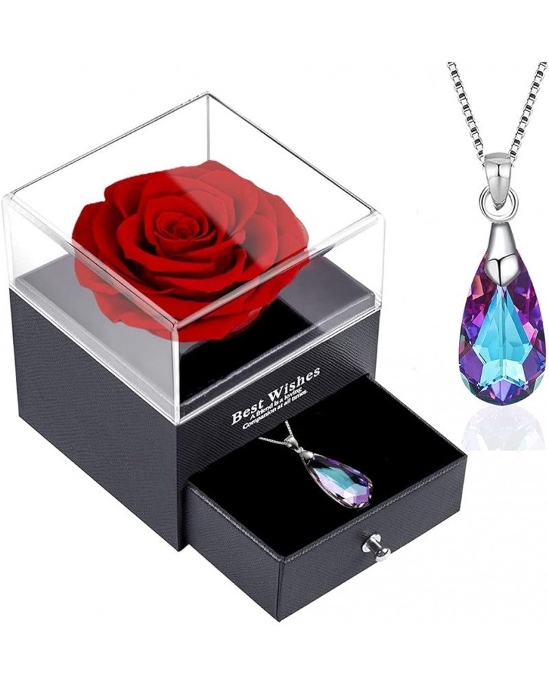 Preserved Blue Rose Box with Crystal Drop Necklace,Real Eternal Rose with S925 Sterling Silver Teardrop Sapphire Necklace,Blu...