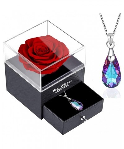 Preserved Blue Rose Box with Crystal Drop Necklace,Real Eternal Rose with S925 Sterling Silver Teardrop Sapphire Necklace,Blu...