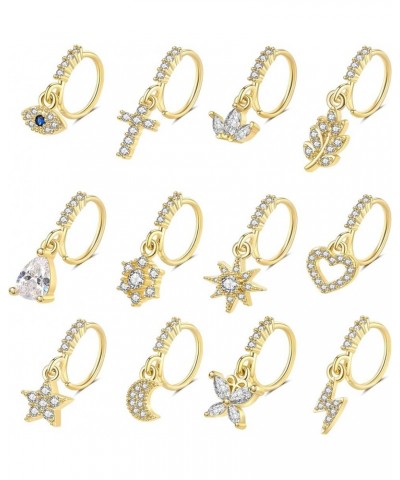 12PCS 20G Dangle Nose Ring Hoop for Women Cartilage Helix Earring Moon Star Cross Evil Eye Dangle Nose Piercing Set Gold-tone...