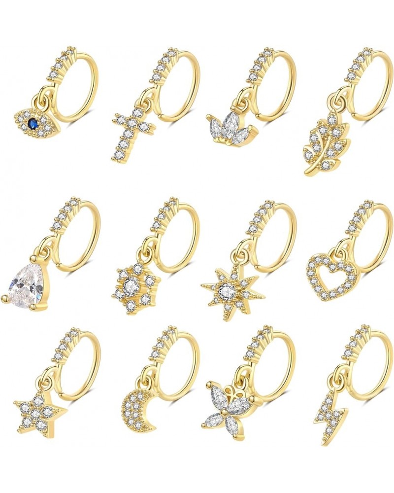 12PCS 20G Dangle Nose Ring Hoop for Women Cartilage Helix Earring Moon Star Cross Evil Eye Dangle Nose Piercing Set Gold-tone...