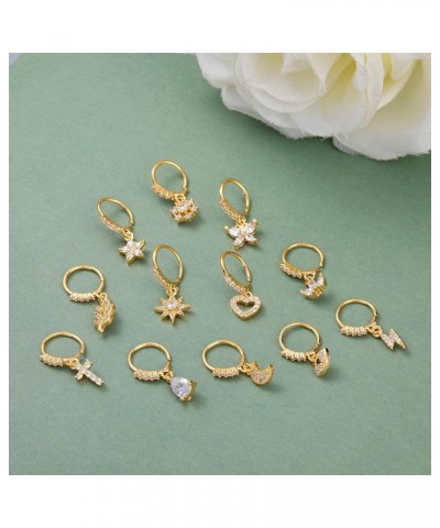 12PCS 20G Dangle Nose Ring Hoop for Women Cartilage Helix Earring Moon Star Cross Evil Eye Dangle Nose Piercing Set Gold-tone...