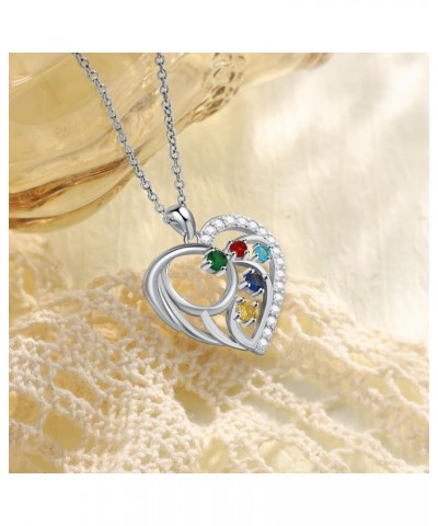 Personalized Birthstone Heart Necklace Custom Pendant Mother's Day Jewelry Gifts for Women Mom Wife 5 Stones $14.55 Necklaces