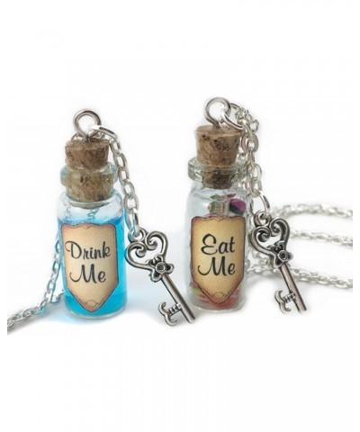 Eat Me Drink Me Alice Necklace Set Pair 2pcs Key Pendant Bottle Shimmer Blue Shrinking Potion Charm Liquid Candy Wonderland W...