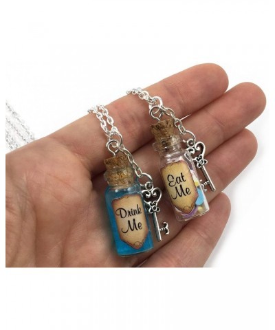 Eat Me Drink Me Alice Necklace Set Pair 2pcs Key Pendant Bottle Shimmer Blue Shrinking Potion Charm Liquid Candy Wonderland W...