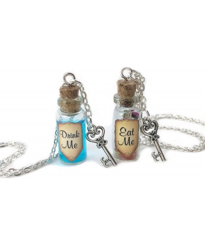 Eat Me Drink Me Alice Necklace Set Pair 2pcs Key Pendant Bottle Shimmer Blue Shrinking Potion Charm Liquid Candy Wonderland W...