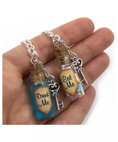 Eat Me Drink Me Alice Necklace Set Pair 2pcs Key Pendant Bottle Shimmer Blue Shrinking Potion Charm Liquid Candy Wonderland W...