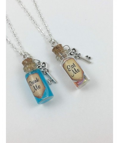 Eat Me Drink Me Alice Necklace Set Pair 2pcs Key Pendant Bottle Shimmer Blue Shrinking Potion Charm Liquid Candy Wonderland W...